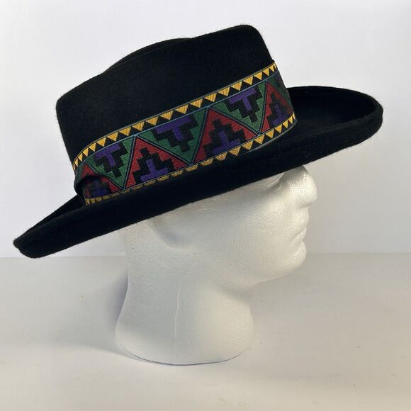 VTG USA Made Wool Fedora Hat Black Southwest Tribal Aztec Banded One Size Unisex - Picture 2 of 12
